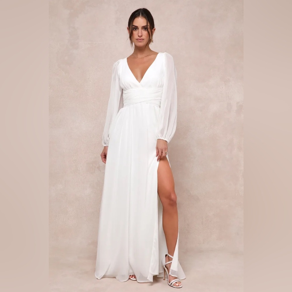 Lulus Enchant My Love White V-Neck Long Sleeve Maxi Dress
